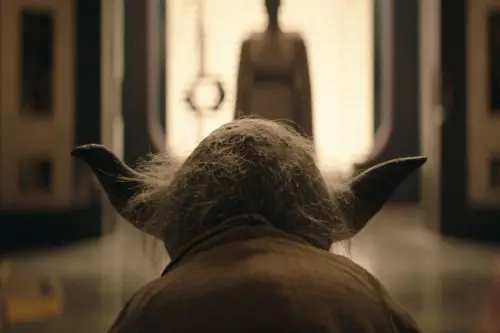 Yoda in the foreground wearing a brown robe with Vernestra Rwoh standing in the blurred background