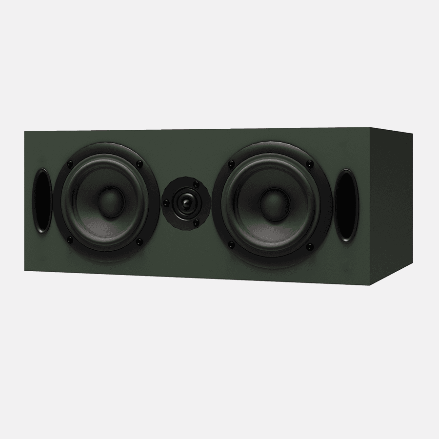 Dark green speaker with dual woofers and central tweeter