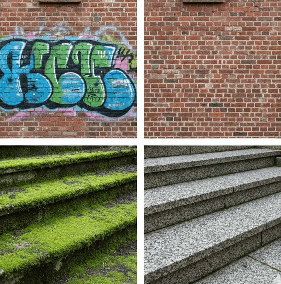 Graffiti on brick, moss covered granite