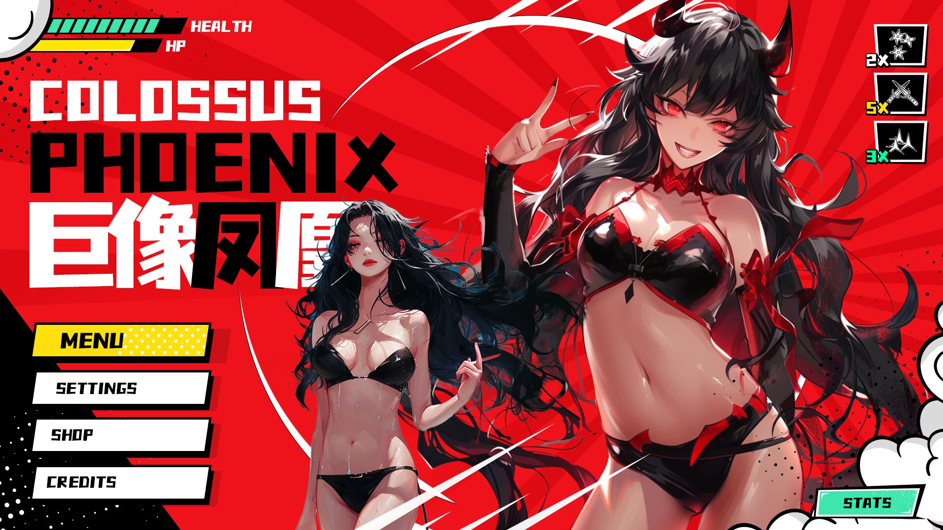 An illustration of a fantasy game character with long black hair, horns, and black and red attire standing confidently against a dynamic red background, featuring bold text "Colossus Phoenix" along with game menu options.