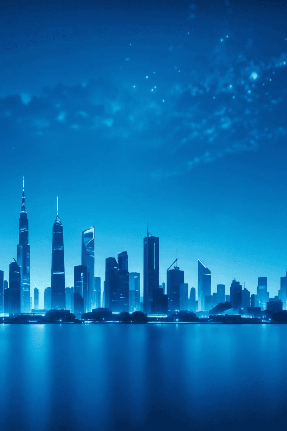 a modern city at night in blue light