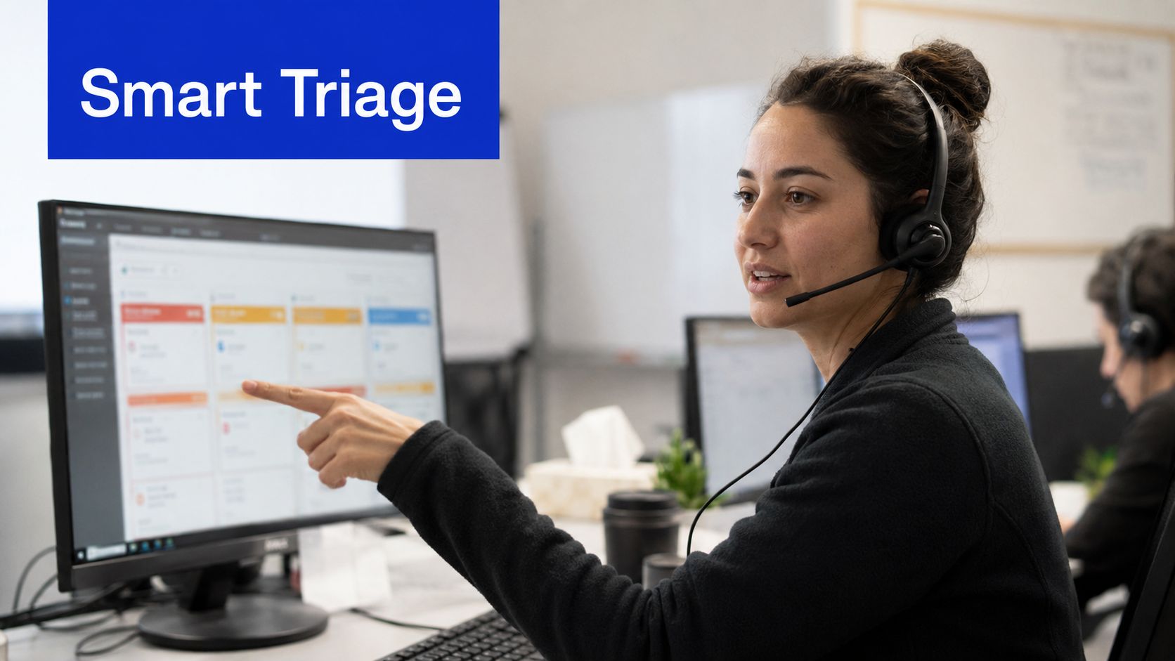A professional support agent with a headset points to a computer screen displaying organized helpdesk triage tasks.