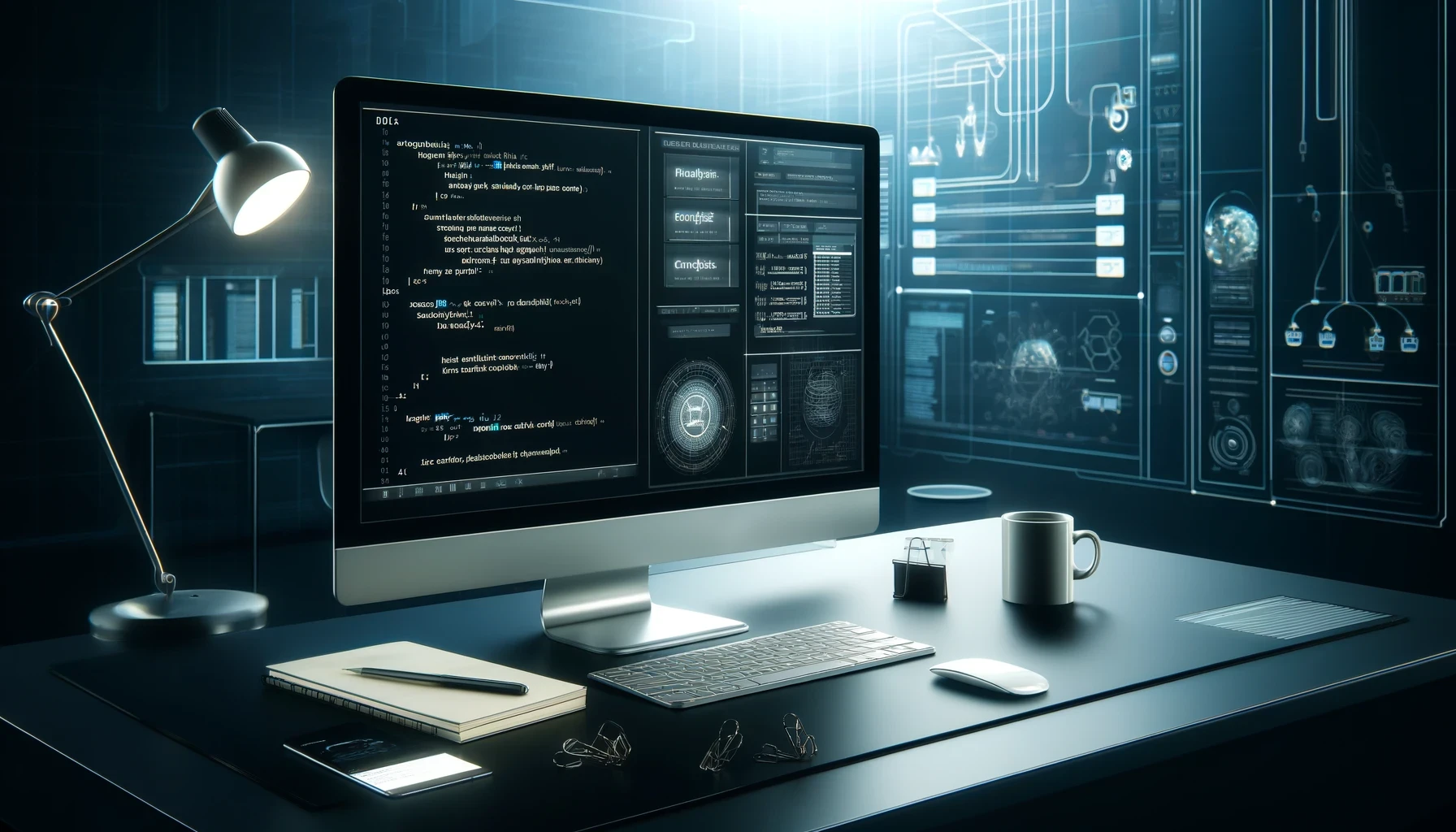 Modern data engineering workspace with a computer displaying subtle code, minimalistic notes, and a coffee cup, set against a background of stylized database diagrams.