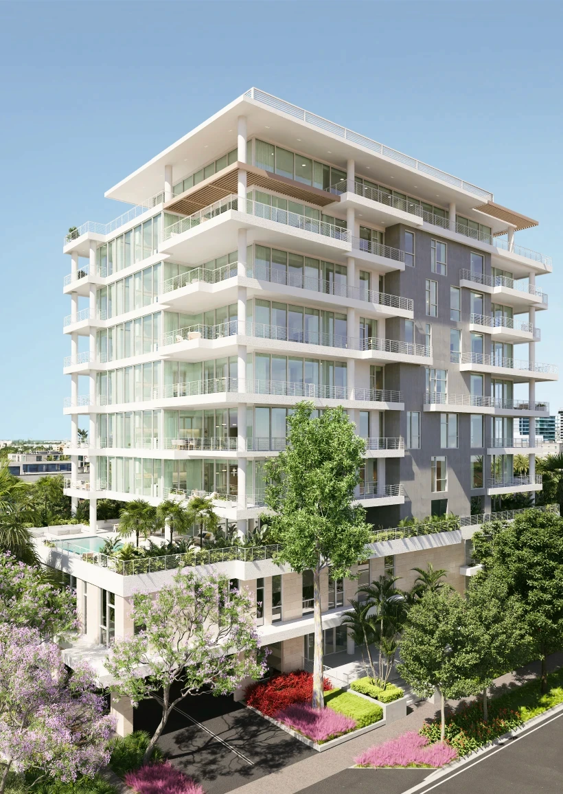 Contemporary luxury condominium in Miami Beach, showcasing sleek design and upscale amenities.