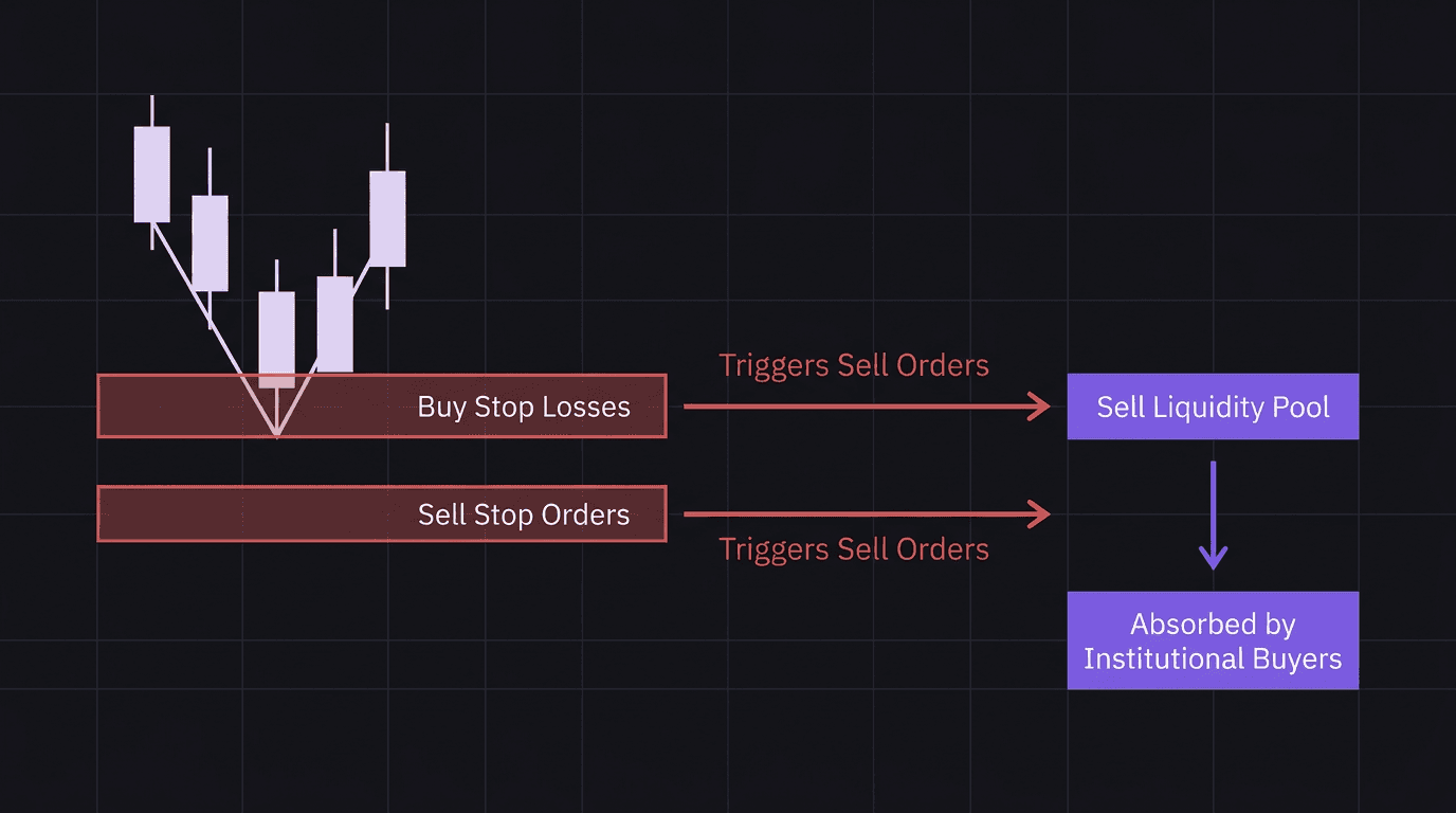 Diagram showing how retail buy stop losses and sell stop orders below a swing low convert into sell liquidity for institutional buyers