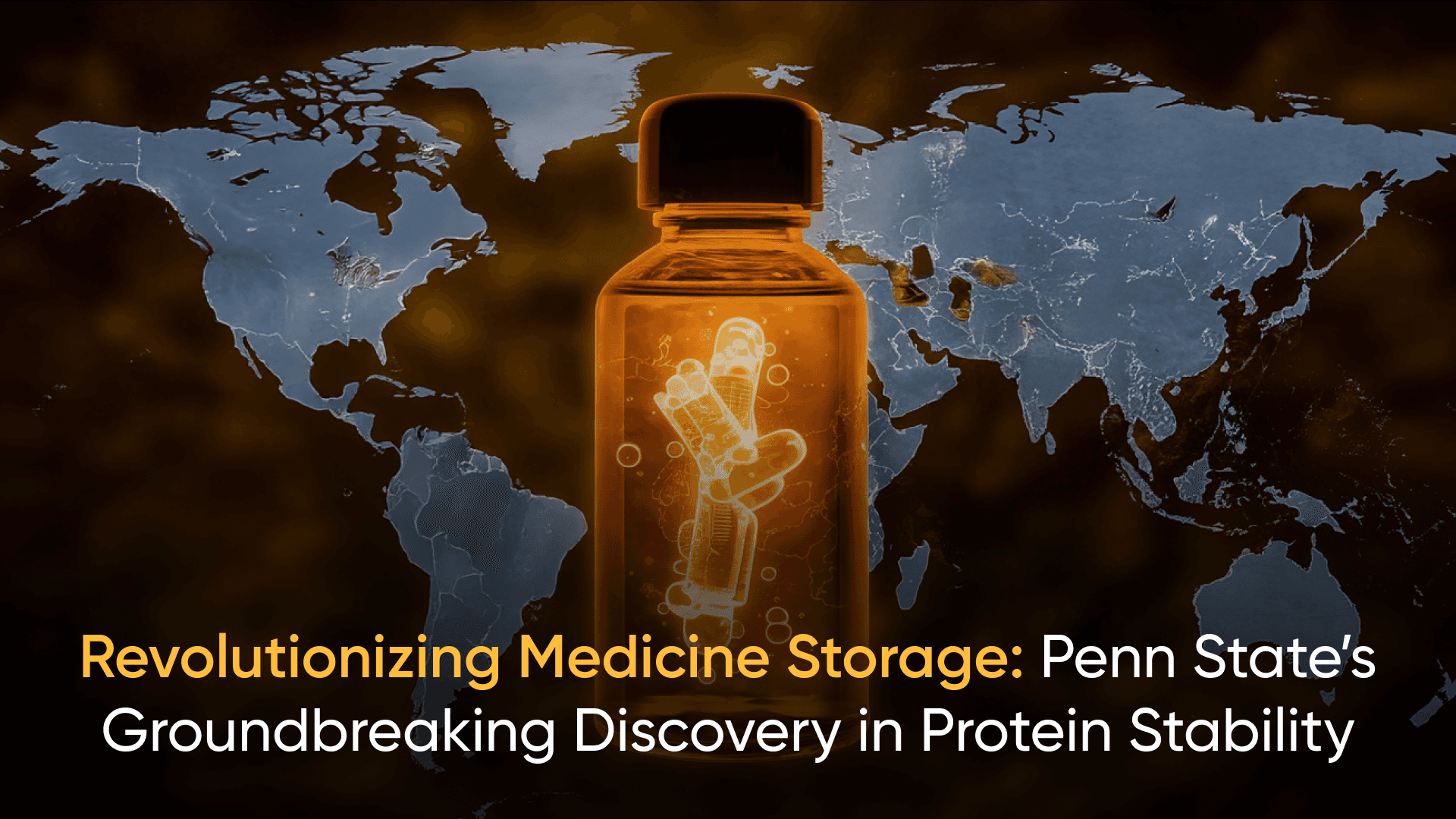 Illustration of a medicine bottle with protein structure against a global map backdrop, symbolizing breakthroughs in protein stability research.