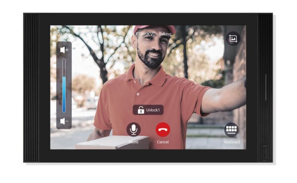 Black smart home device with screen showing time and temp