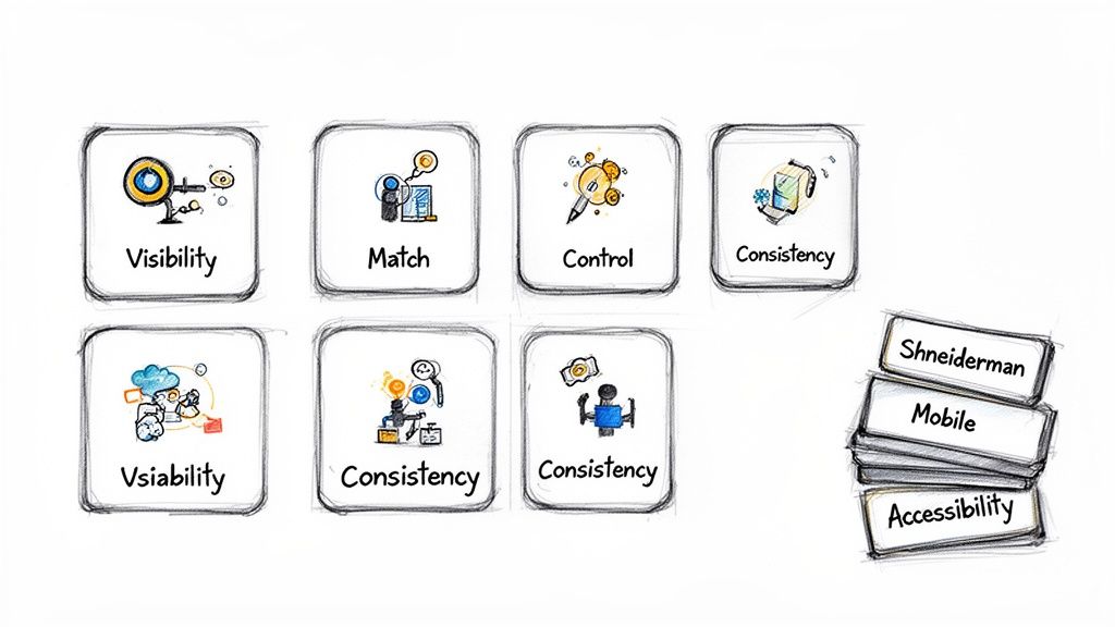 Illustrations of user experience principles like Visibility, Match, Control, and Consistency, with a stack of related terms.