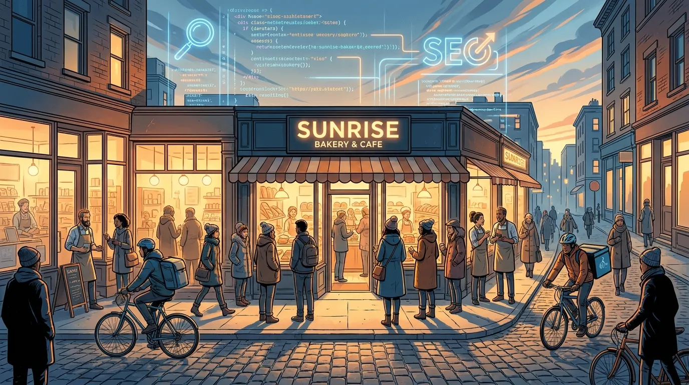 Crowd outside Sunrise Bakery with digital marketing SEO visuals; RockN' Socials.