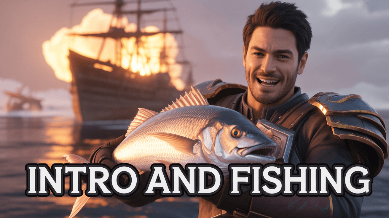 Smiling fantasy hero holding fish with exploding ship and Intro and Fishing text