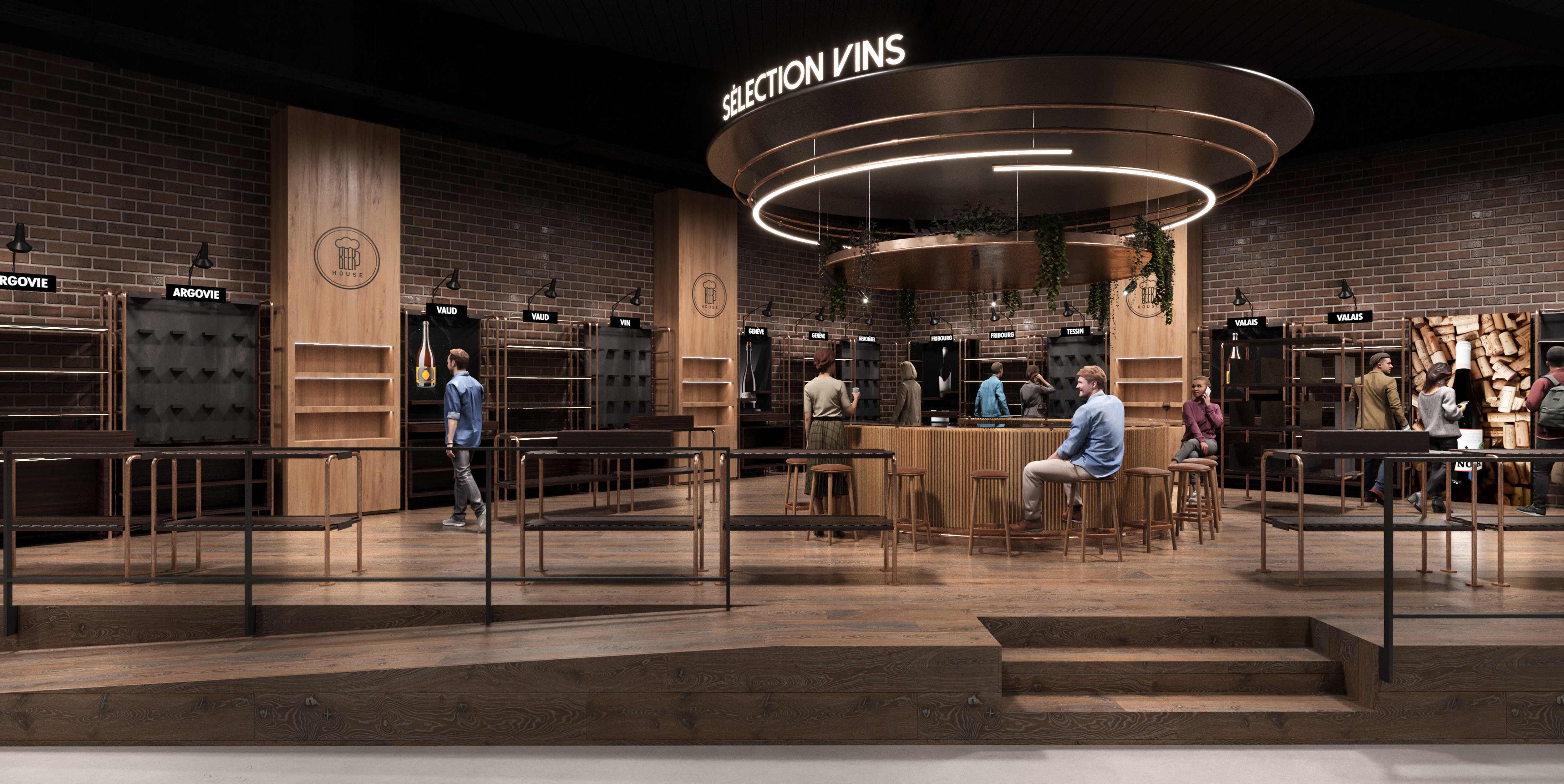 Wine testing cooper material  for Beer store design retail and scenography concept and industrial area in Switzerland