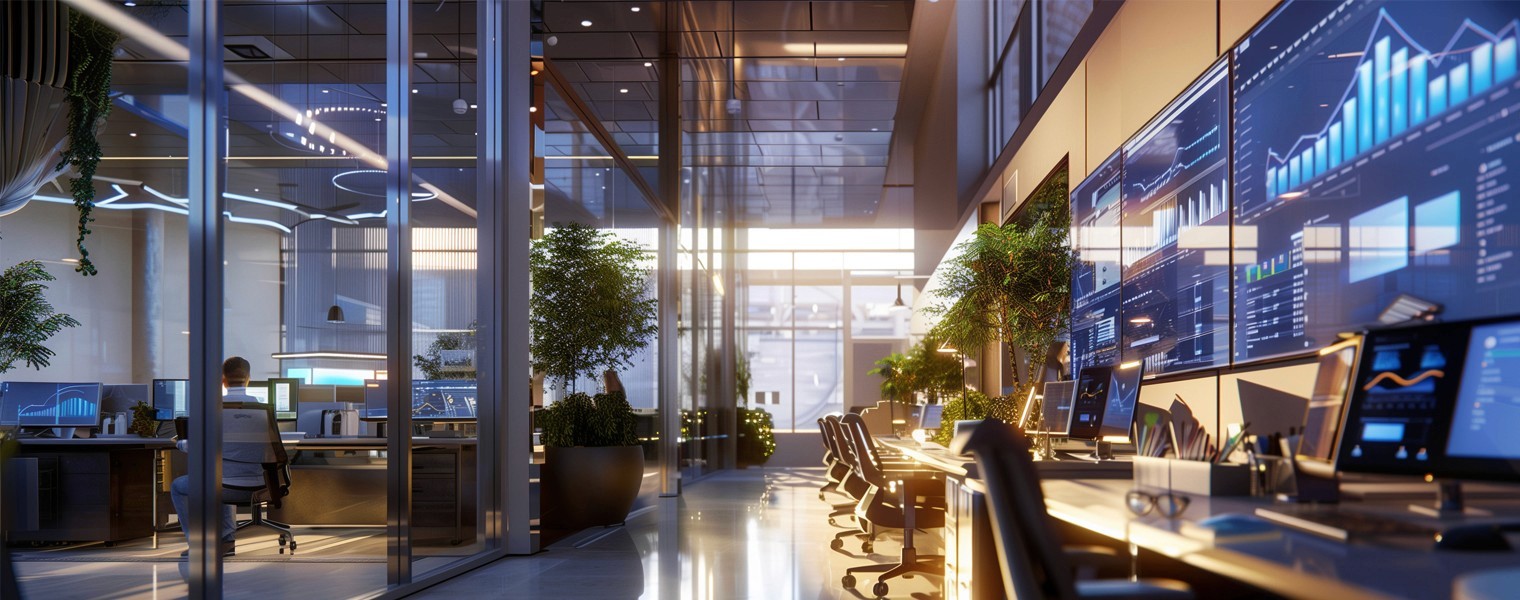 Computers in an office building run autonomously, operated by agentic AI solutions.