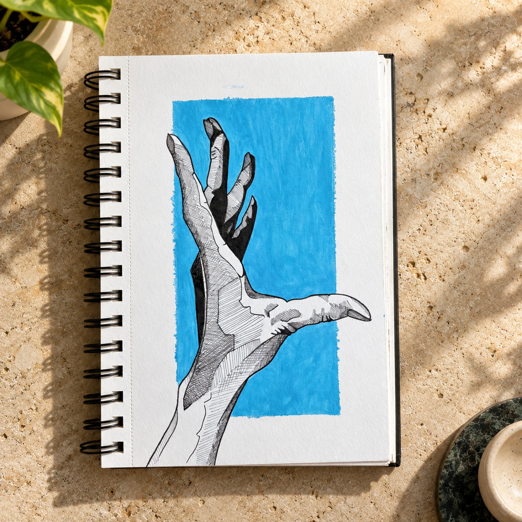 Drawing of an outstretched hand against a blue rectangle.