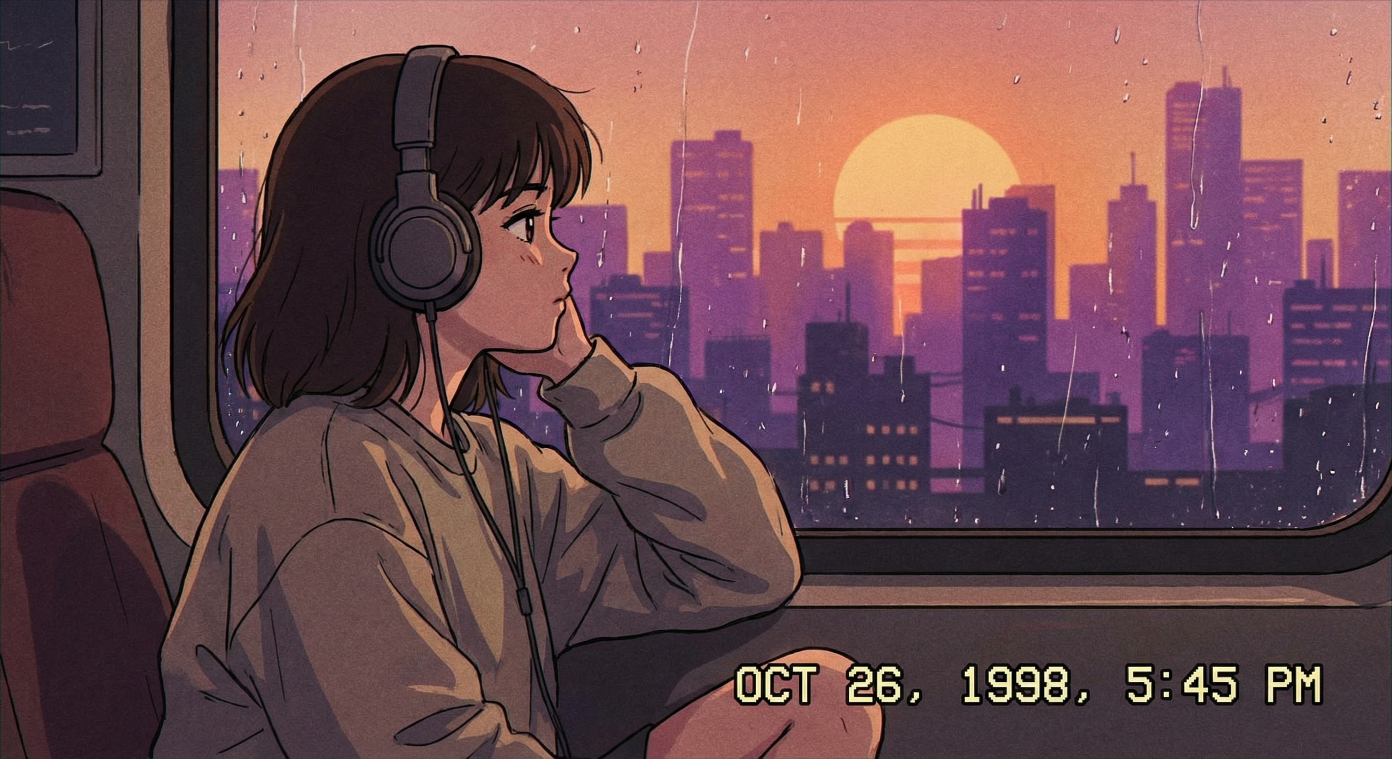 Retro 1990s aesthetic anime girl at train window, sunset glow, Google Nano Banana style