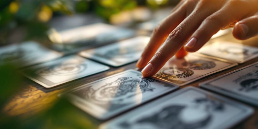  Tarot cards on a wooden table with soft lighting.