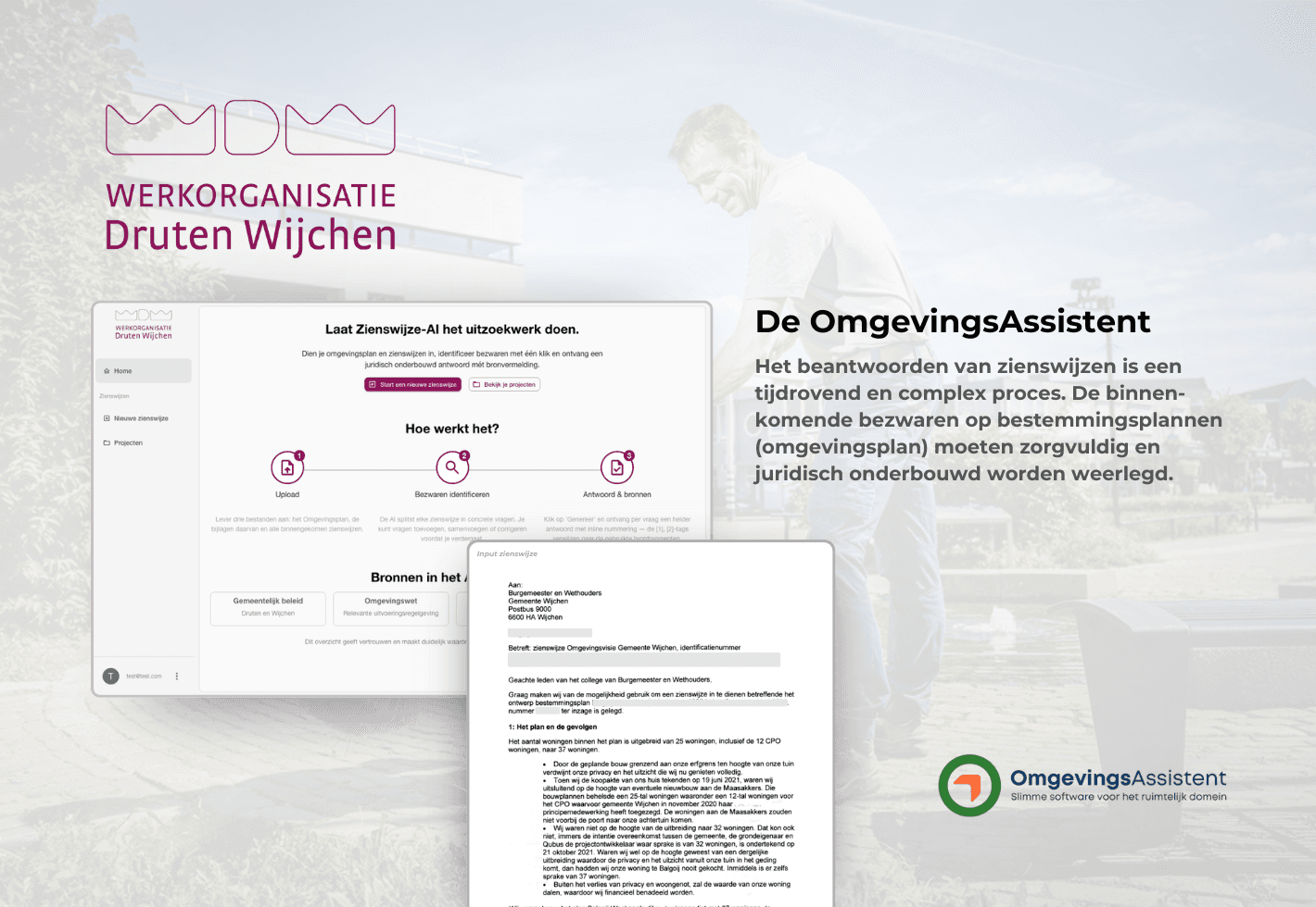 Interface van de MSTR OmgevingsAssistent voor Gemeente Druten Wijchen: een maatwerk AI-oplossing die zienswijzen analyseert en automatisch koppelt aan het omgevingsplan en jurisprudentie voor snellere gemeentelijke besluitvorming.