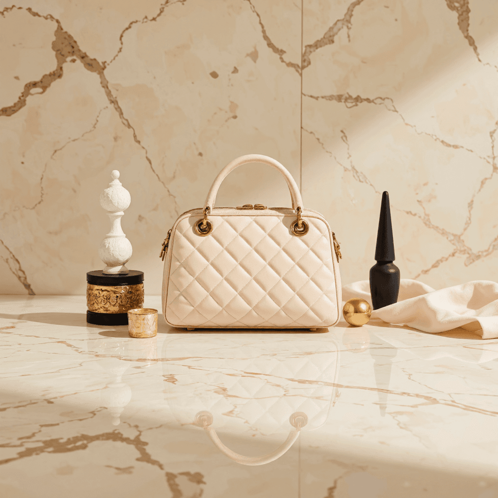 product photography of small, quilted handbag