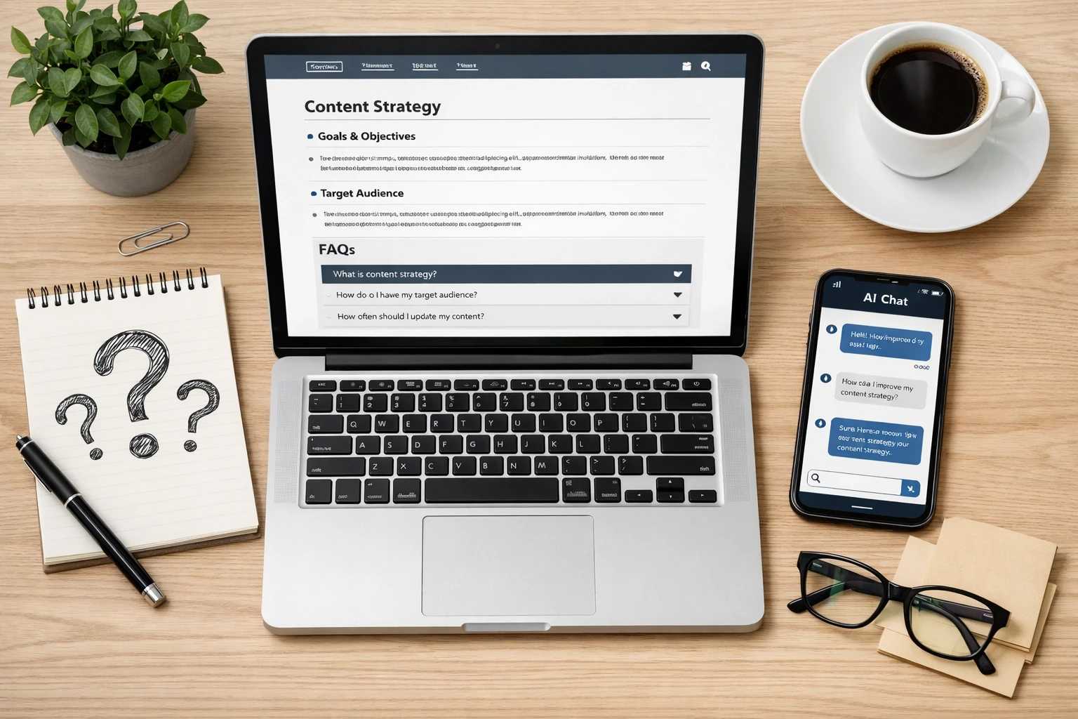Structured content planning workspace showing GEO strategy with FAQ sections and headers