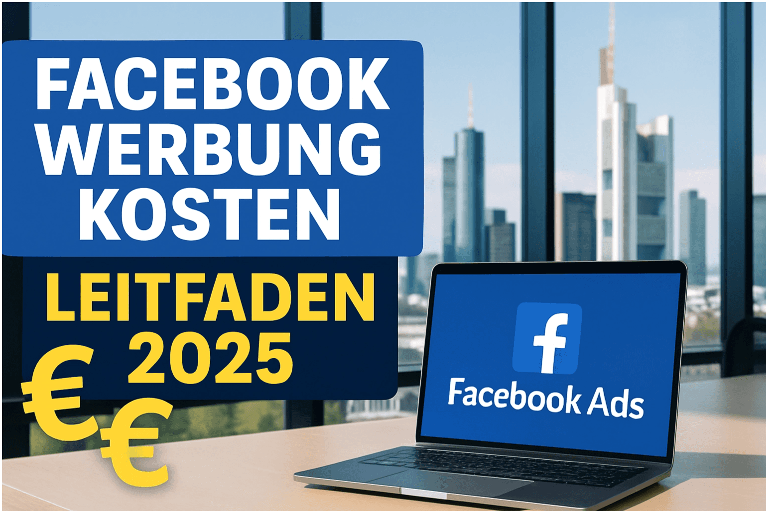 Ein professioneller Laptop mit einem Facebook Ads Dashboard in einem modernen Büro mit einem klaren Blick auf die Frankfurter Skyline (inklusive Commerzbank Tower). Der Text lautet „Facebook Werbung Kosten: Leitfaden 2025“ mit Euro-Zeichen (€) für den deutschen Markt.