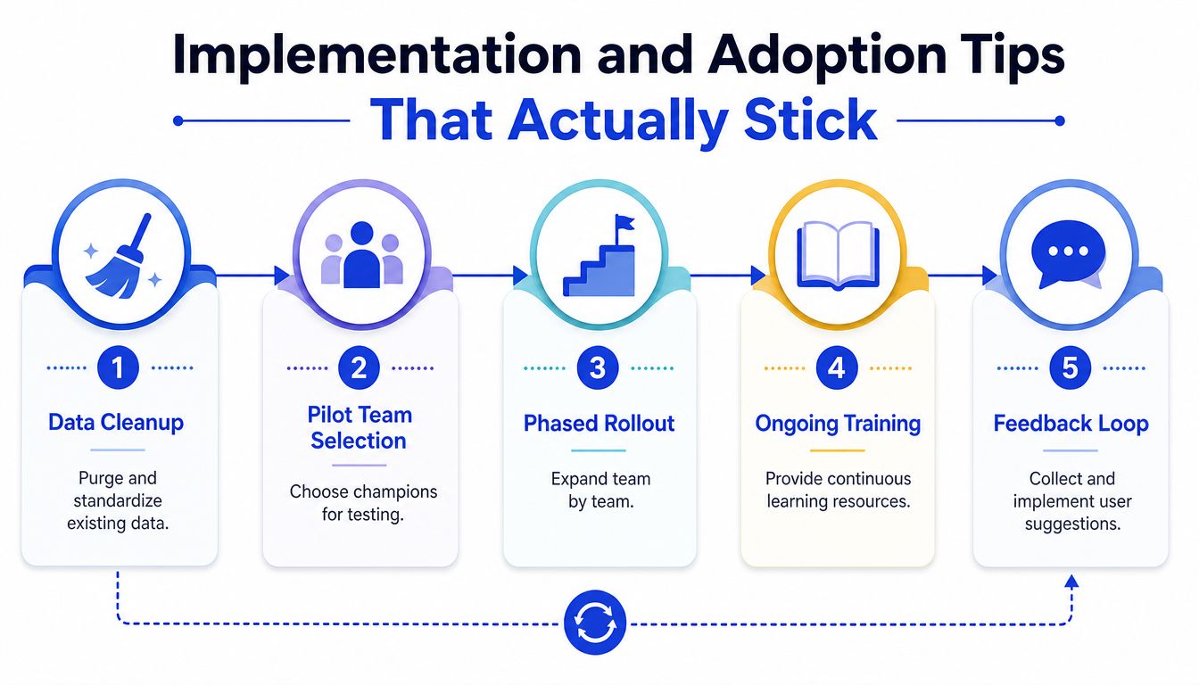 A five-step infographic showing tips for successful implementation and adoption, including data cleanup and feedback loops.