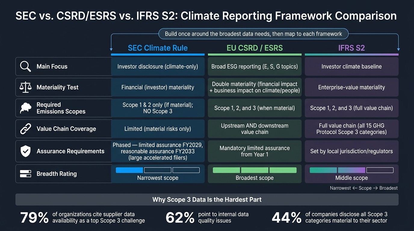 SEC vs. CSRD/ESRS vs. IFRS S2: Climate Reporting Framework Comparison