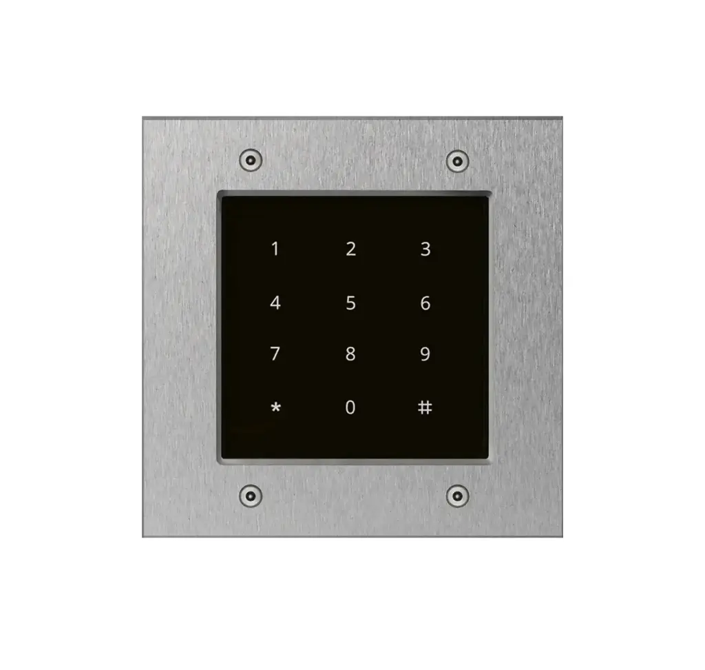 Black smart home device with screen showing time and temp