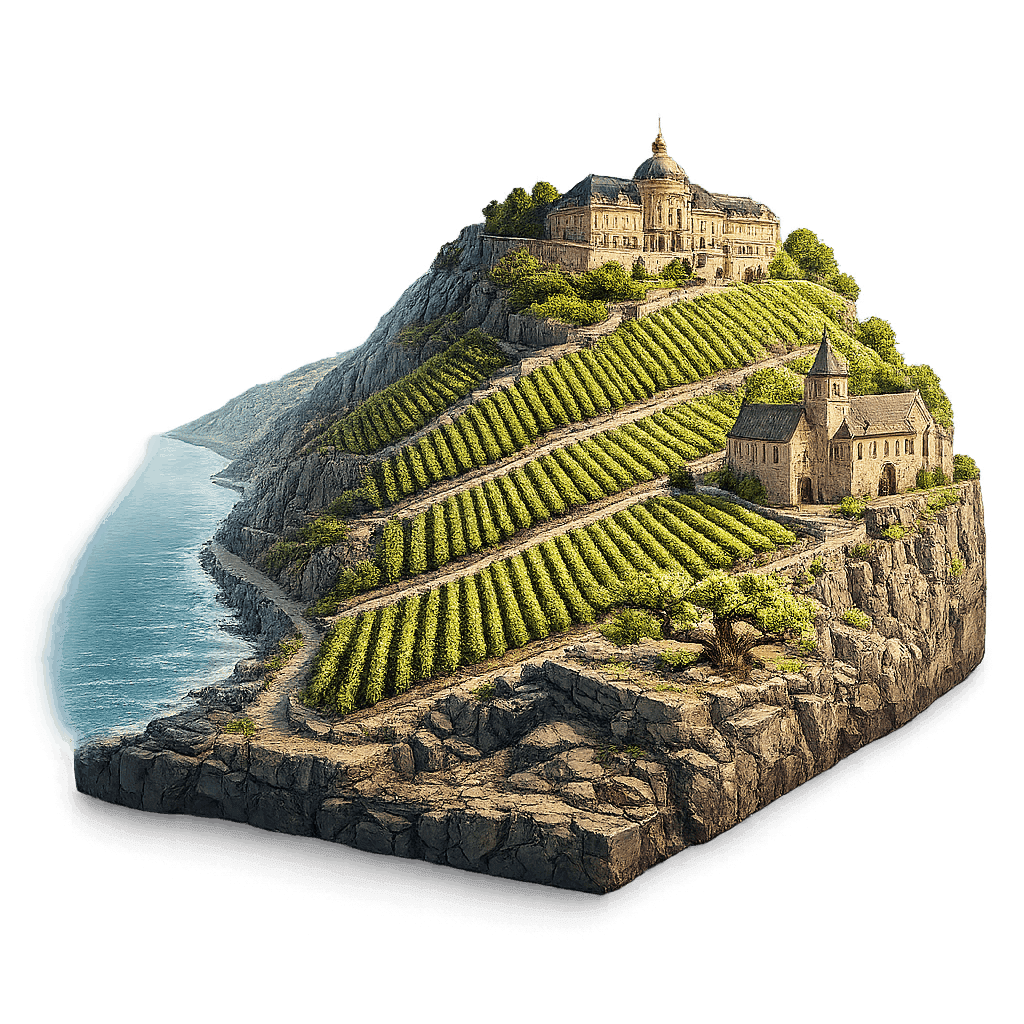 Artistic illustration of the Rheingau wine region.