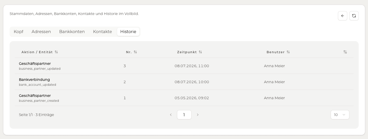 Historie eines Geschäftspartners im Banking Connector mit Zeitpunkt, Benutzer und Art der Stammdatenänderung