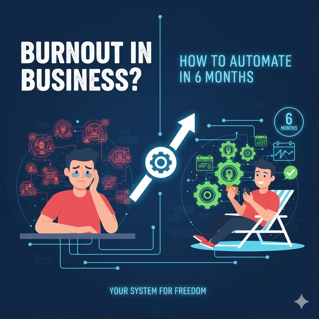 Split illustration contrasting business burnout and automation. On the left, a stressed person sits at a desk surrounded by chaotic digital icons under the text “Burnout in Business?”. On the right, a relaxed person sits in a chair using a phone, surrounded by gears, charts, and checkmarks with the text “How to Automate in 6 Months” and “Your System for Freedom.”