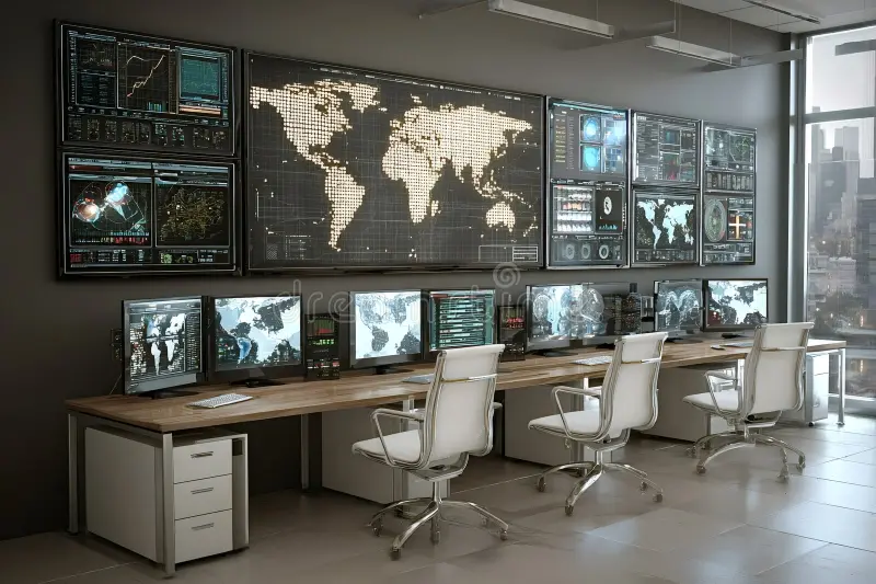 Spacious open-plan office with rows of desks and striking circular ceiling lights.