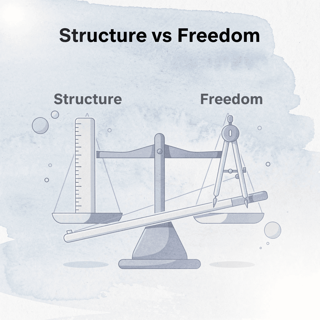 Balance scale comparing structure versus freedom in homeschool programs
