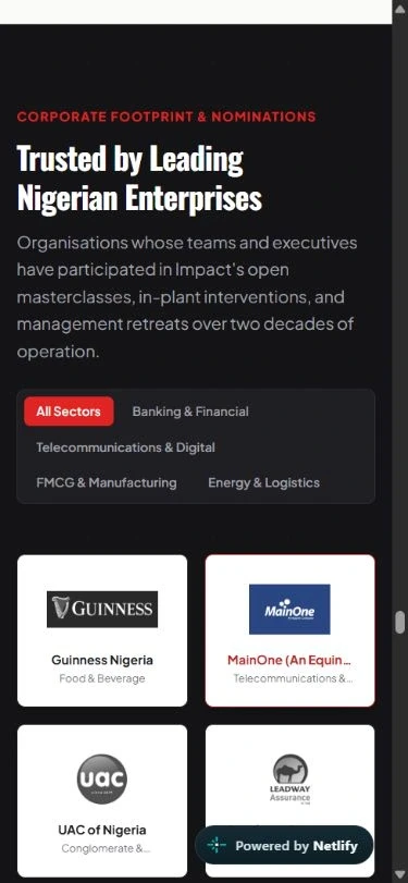 Verified mobile corporate-clientele section captured from the independent concept