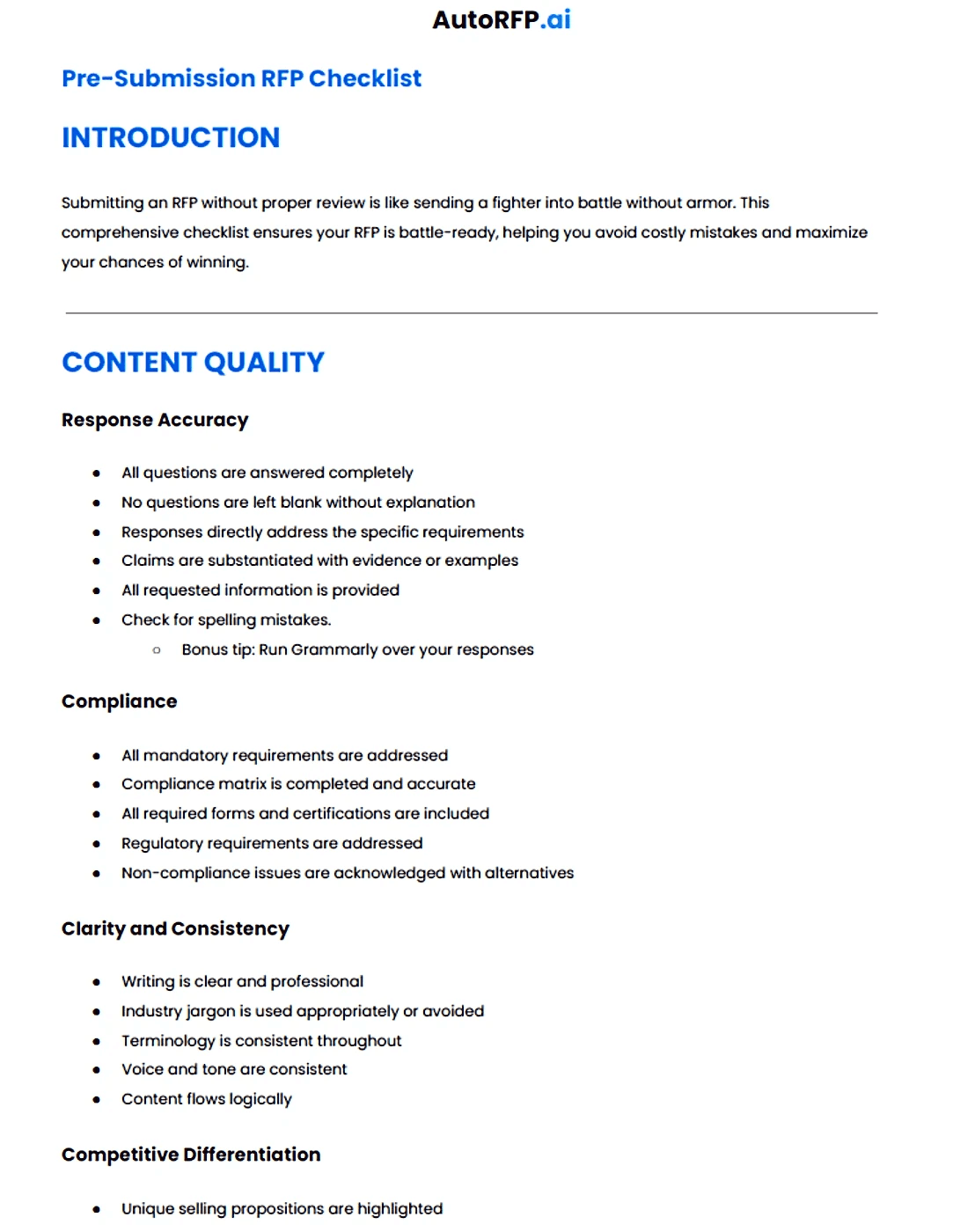 AutoRFP Pre-submission RFP Checklist
