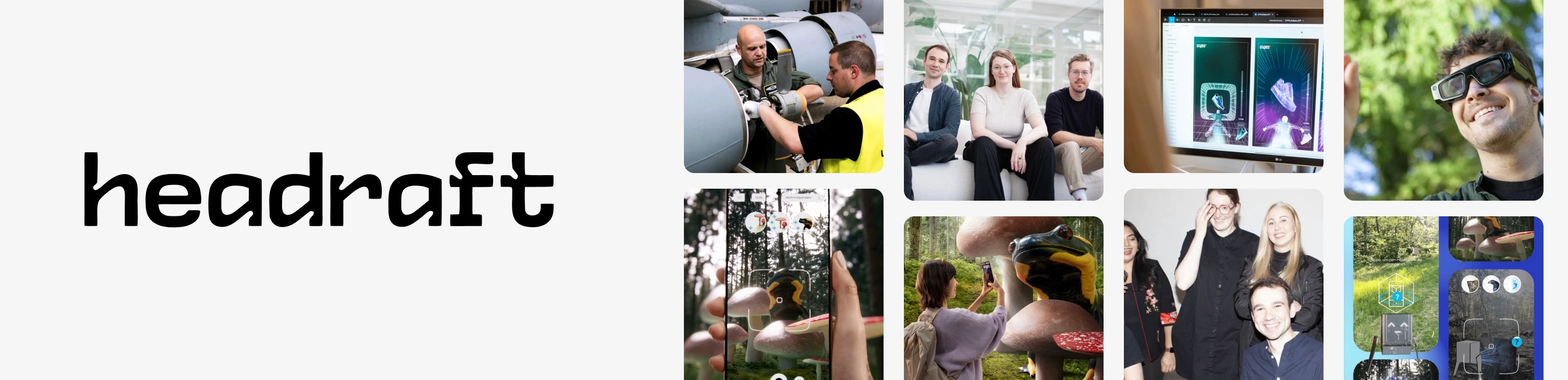 Headraft logo with examples of its immersive work, including AR creatures in a forest, industrial training and the Headraft team.