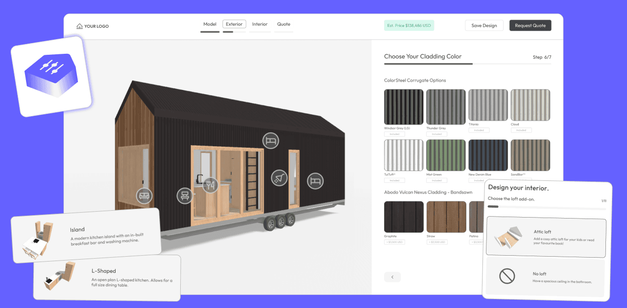 3D tiny house configurator interface showing customizable options for layout, materials, and pricing, designed to streamline sales and quotes.