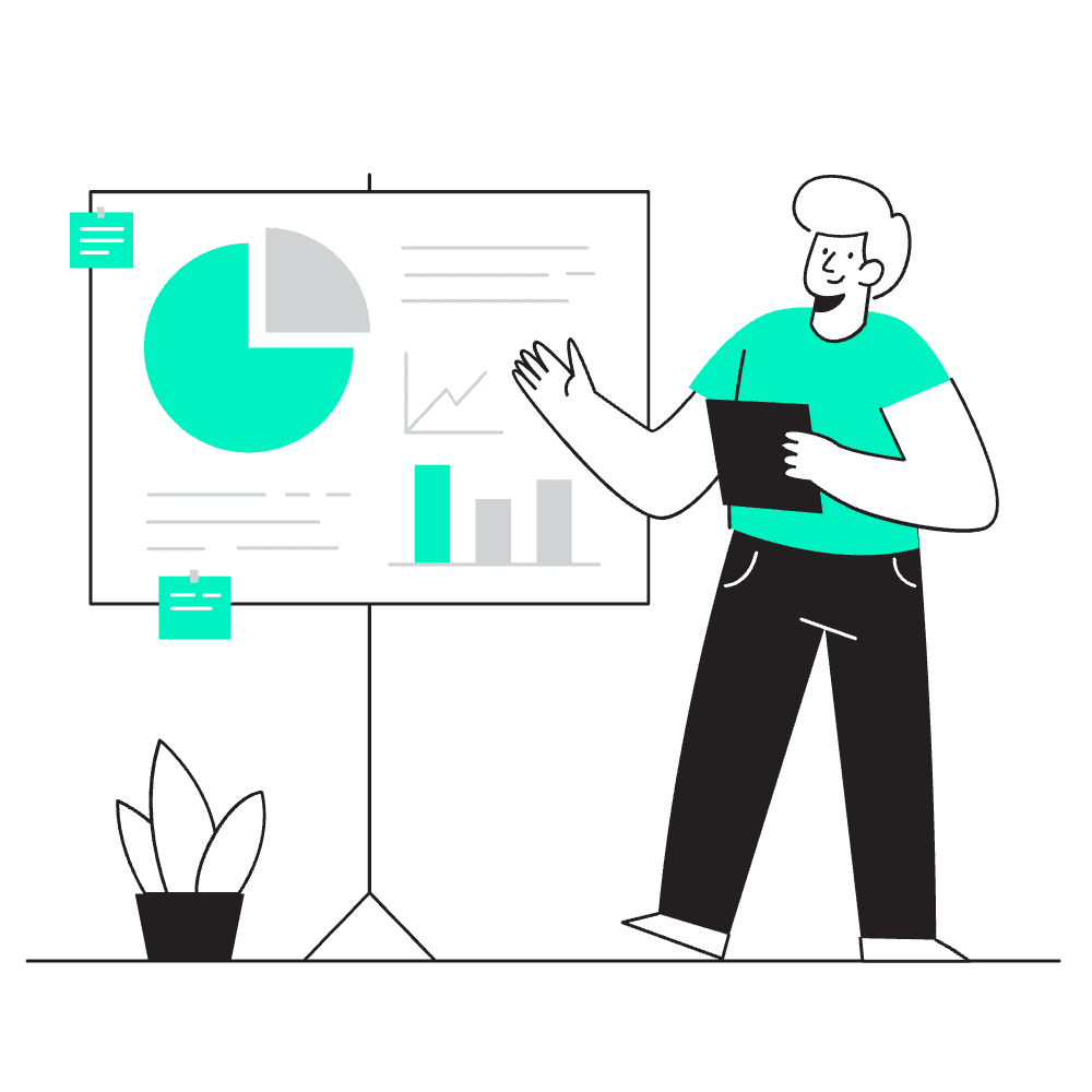 Illustration d’un formateur CRM expliquant comment créer un tableau de bord de performance dans HubSpot