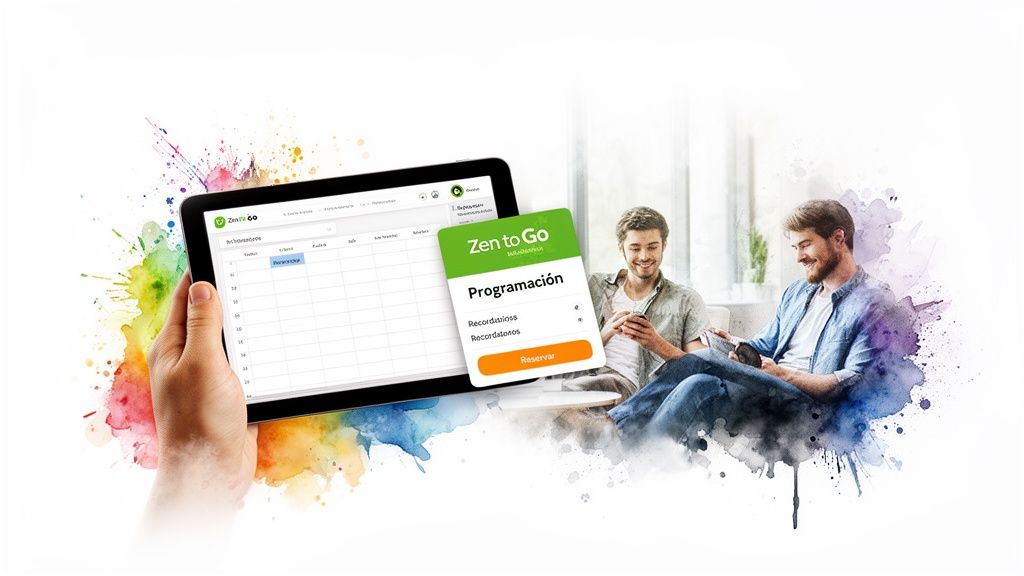 Mano sosteniendo tablet con app Zen to Go, dos hombres relajados con dispositivos móviles.