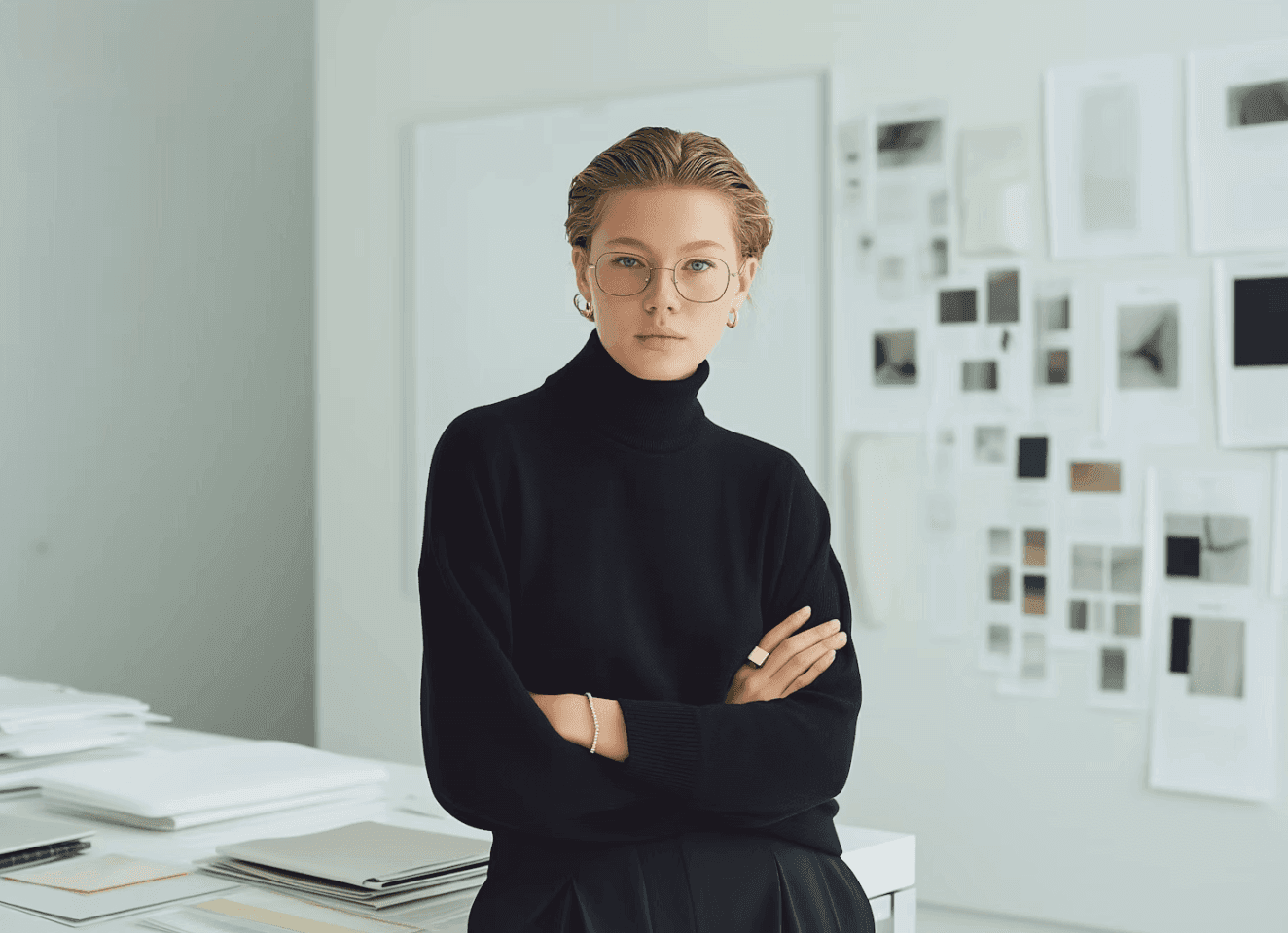 Portrait of Mia Cruz, New Business Manager, standing in a design studio with a material mood board behind her