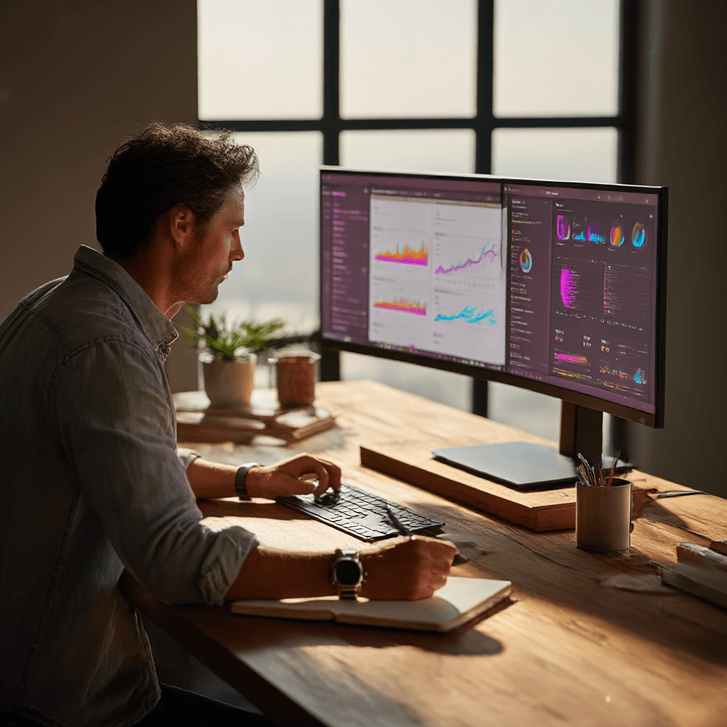 A man wearing glasses and a blazer working at a desk, writing in a notebook beside a computer monitor in a modern office.