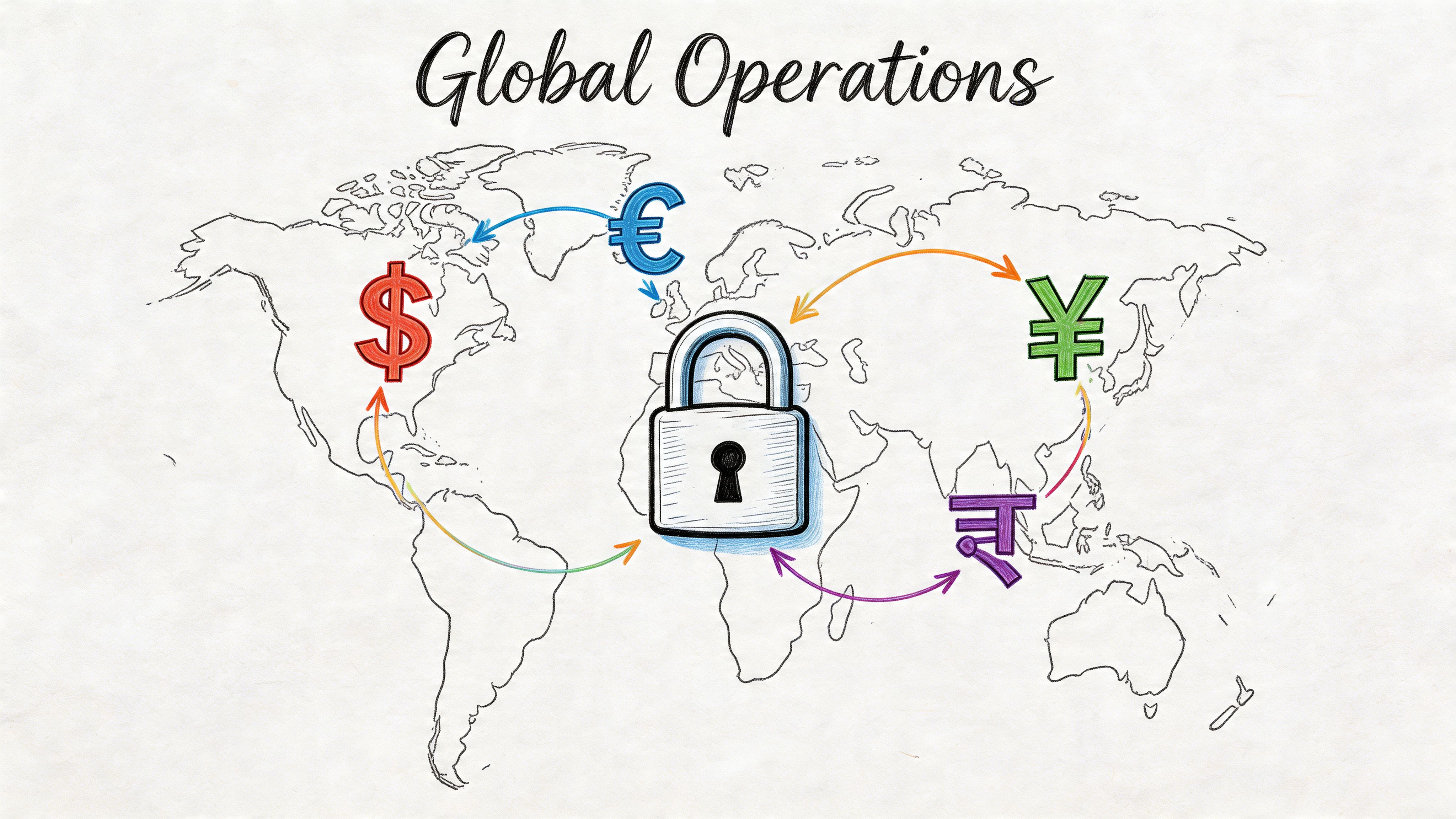 A conceptual illustration of a padlock placed over a world map with various global currency symbols.