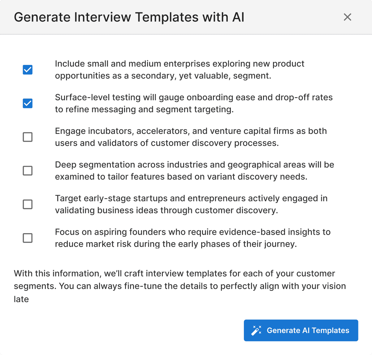 select customer segment for template generation