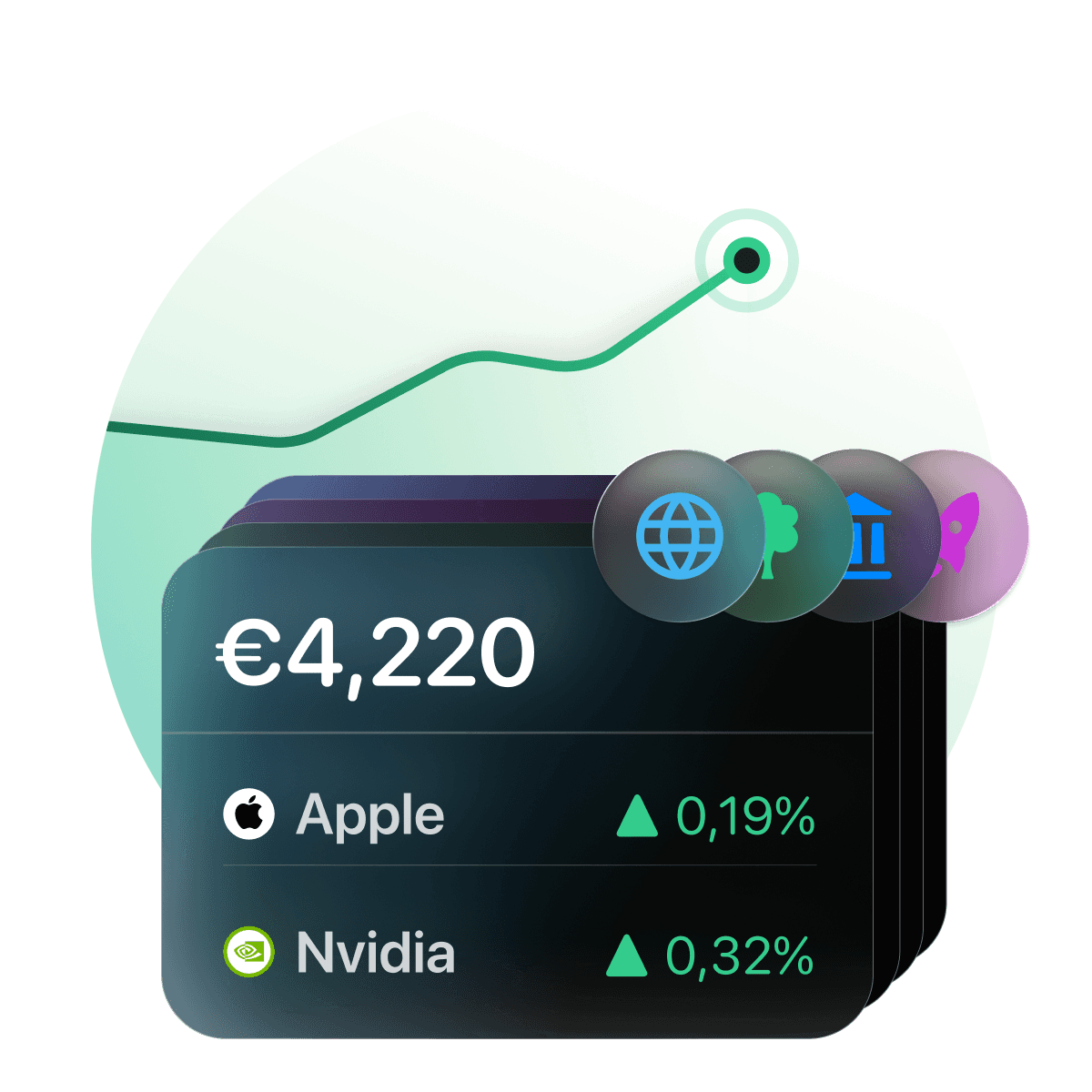 Groene aandelen trendlijn die logo's van Apple, NVIDIA en anderen verbindt.