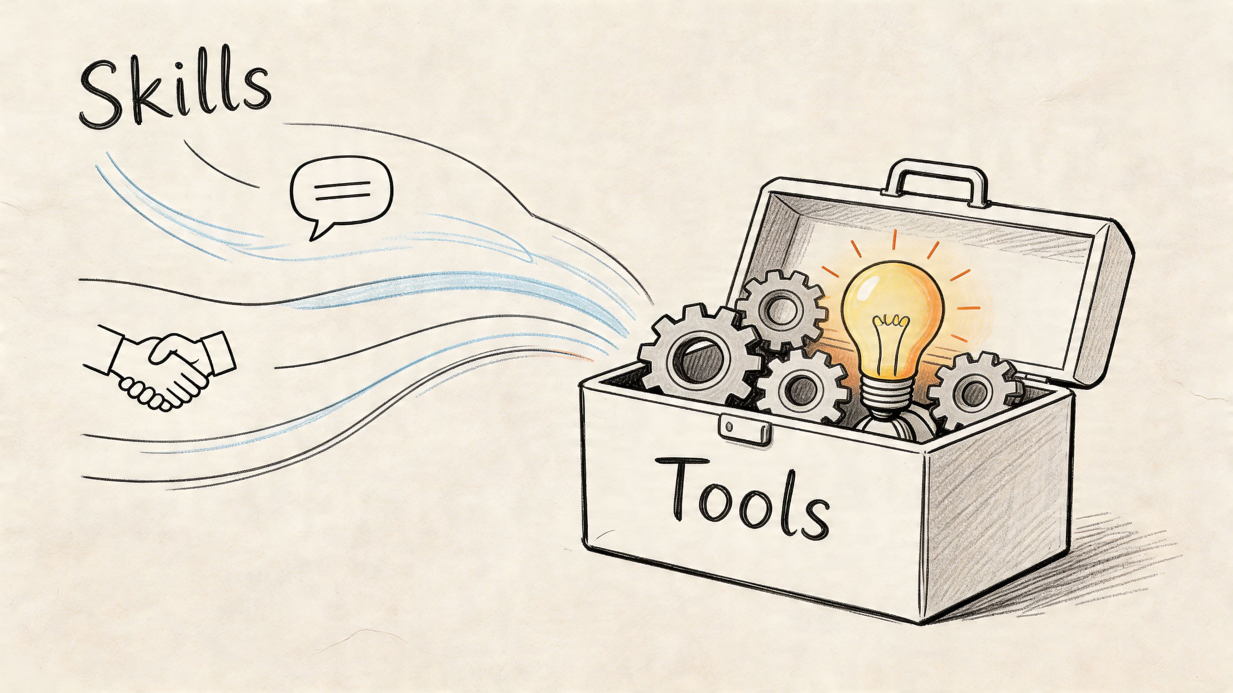 A hand-drawn illustration showing skills flowing into a toolbox filled with gears and a glowing lightbulb.