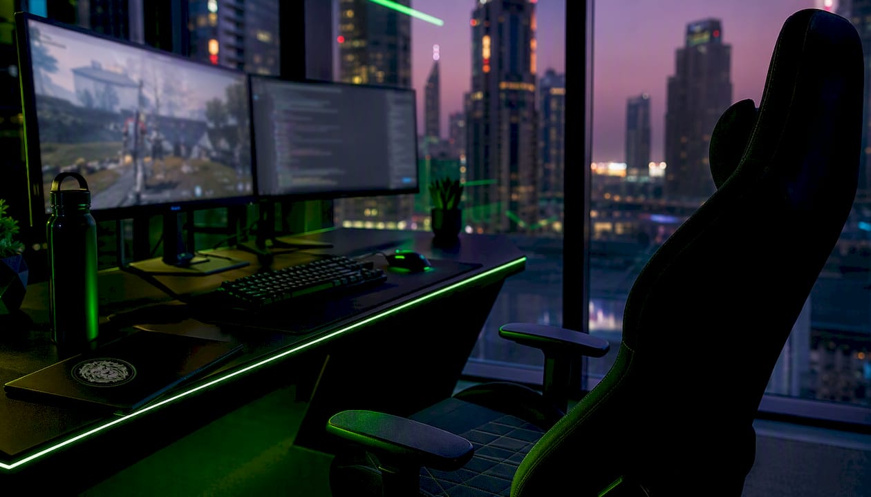 Gaming tech workstation in UAE office scene