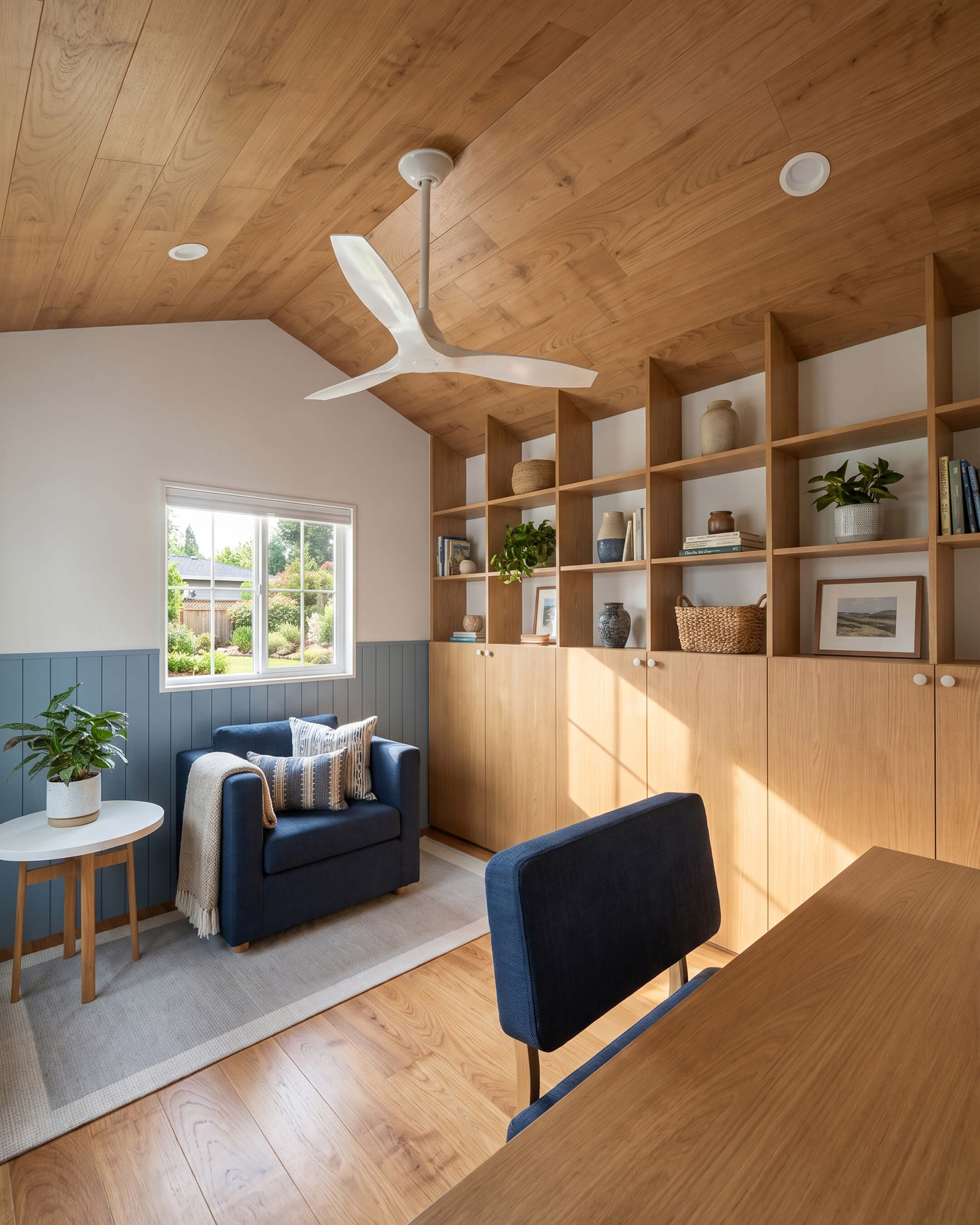 Multipurpose 12x10 shed interior with a desk, blue lounge chair, built-in timber storage and a warm wood-lined ceiling.