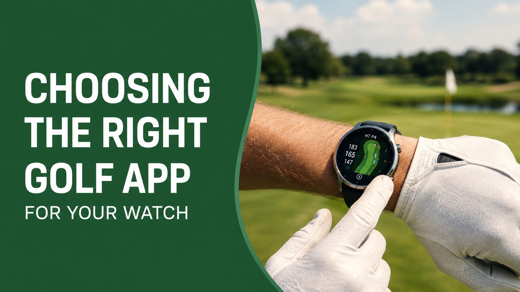 A golfer checking a golf course map on their smartwatch while wearing a white golf glove.