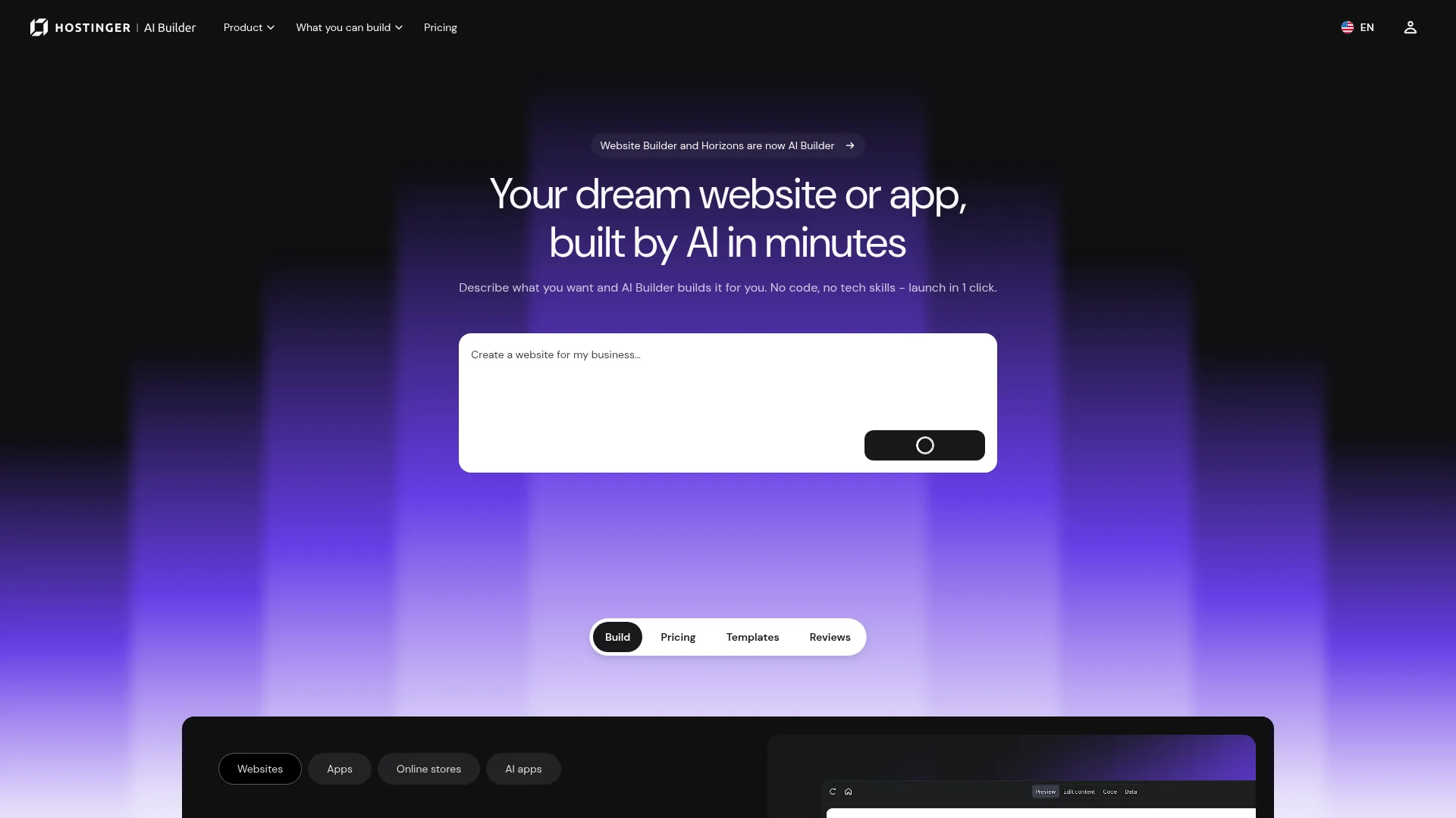 Hostinger Horizons AI website builder homepage