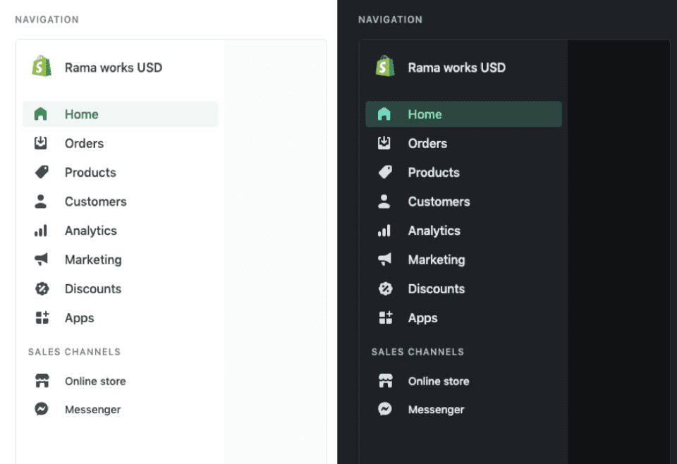 Comparison of light and dark modes for navigation menus in the Polaris design system.