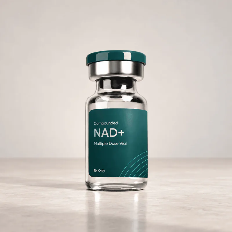 Vial labelled Compounded NAD+, Multiple Dose Vial, Rx Only, on a pale studio surface