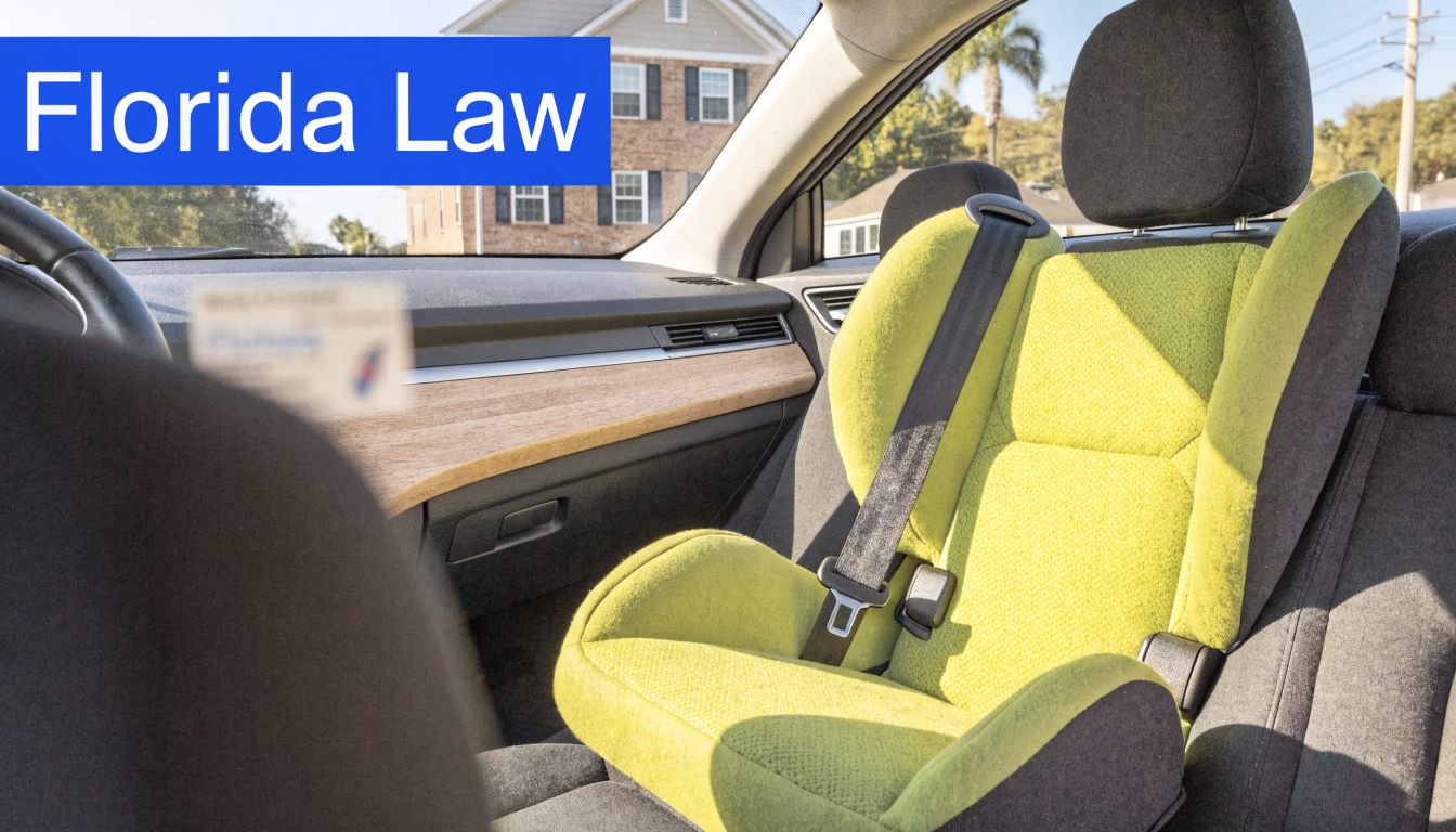 A lime green booster seat installed in the back seat of a car in Florida.